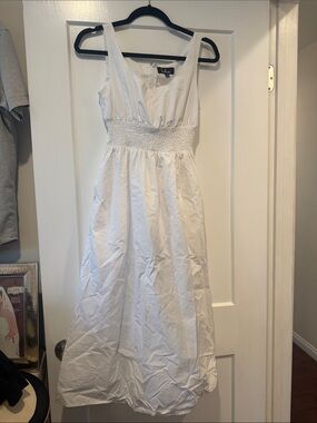 White Sleeveless Smocked-Waist Midi Dress